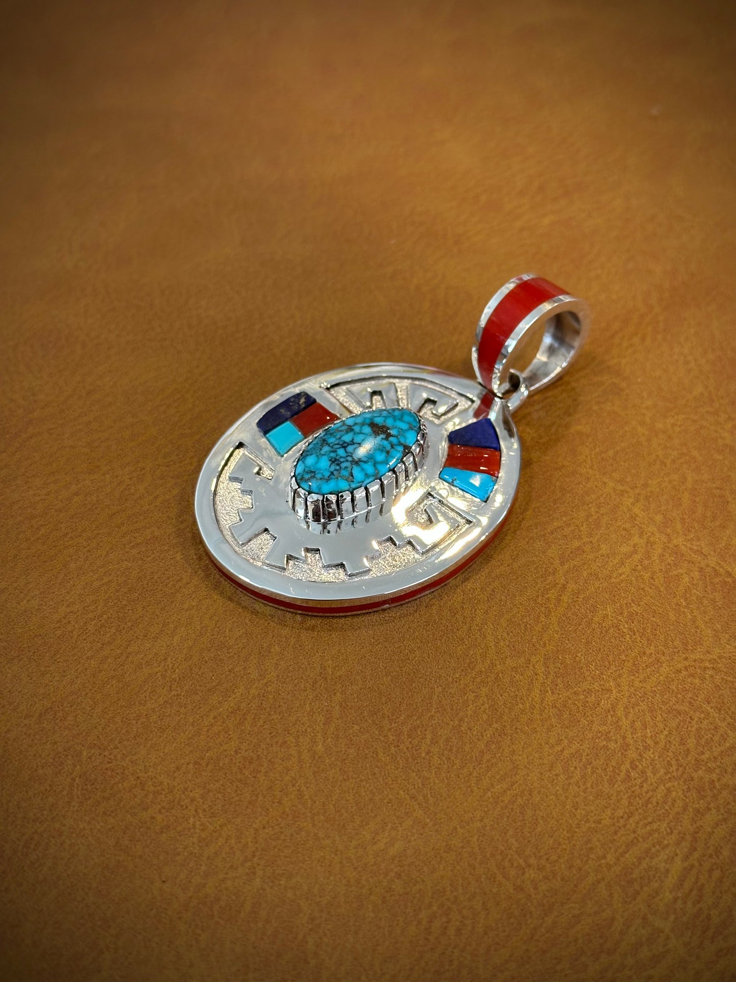 Kingman pendant overlay with turquoise, coral & lapis