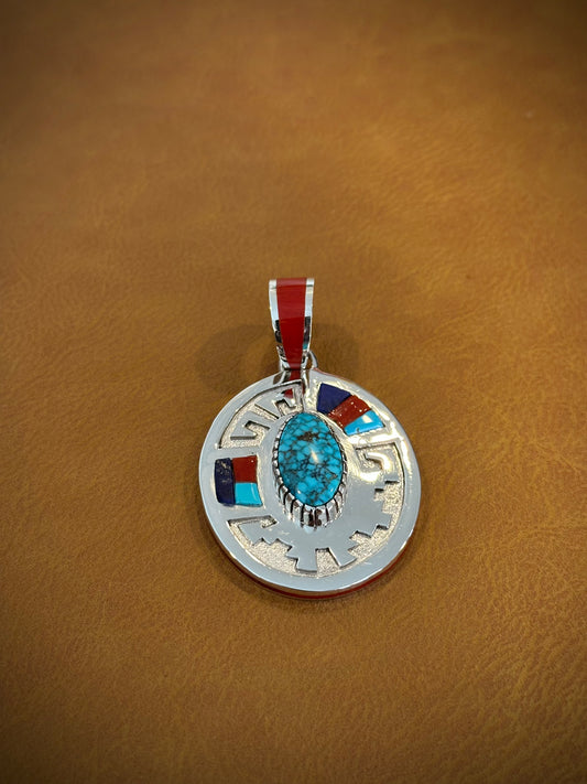 Kingman pendant overlay with turquoise, coral & lapis