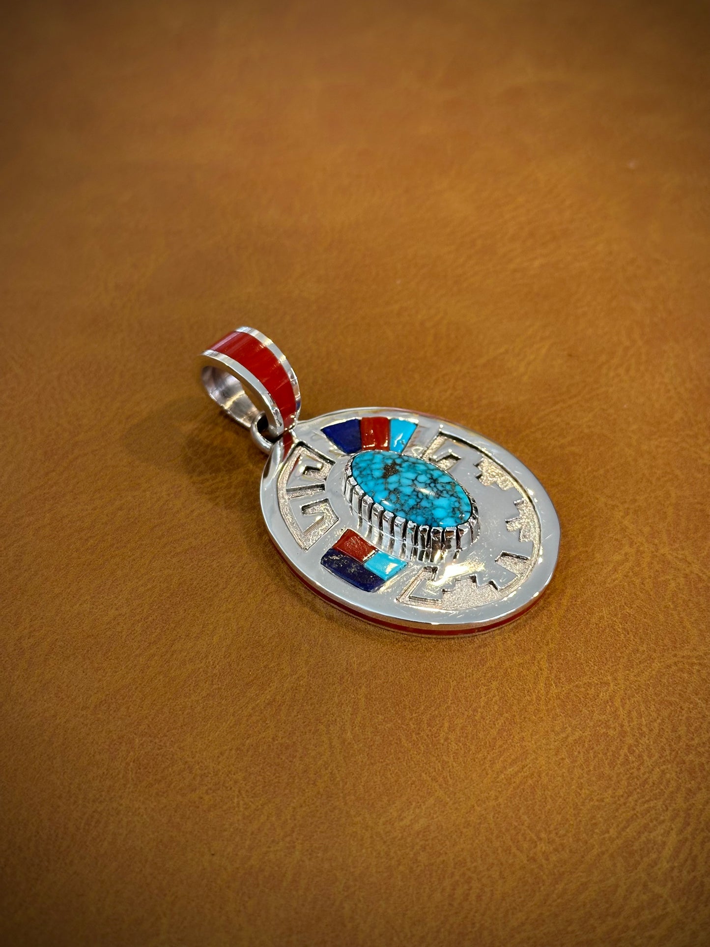 Kingman pendant overlay with turquoise, coral & lapis