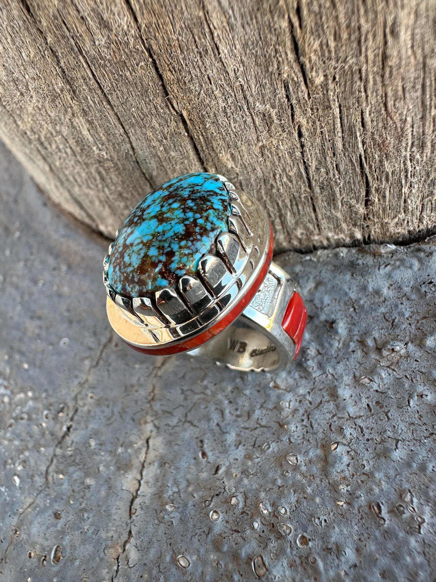Kingman Turquoise ring with red coral inlay