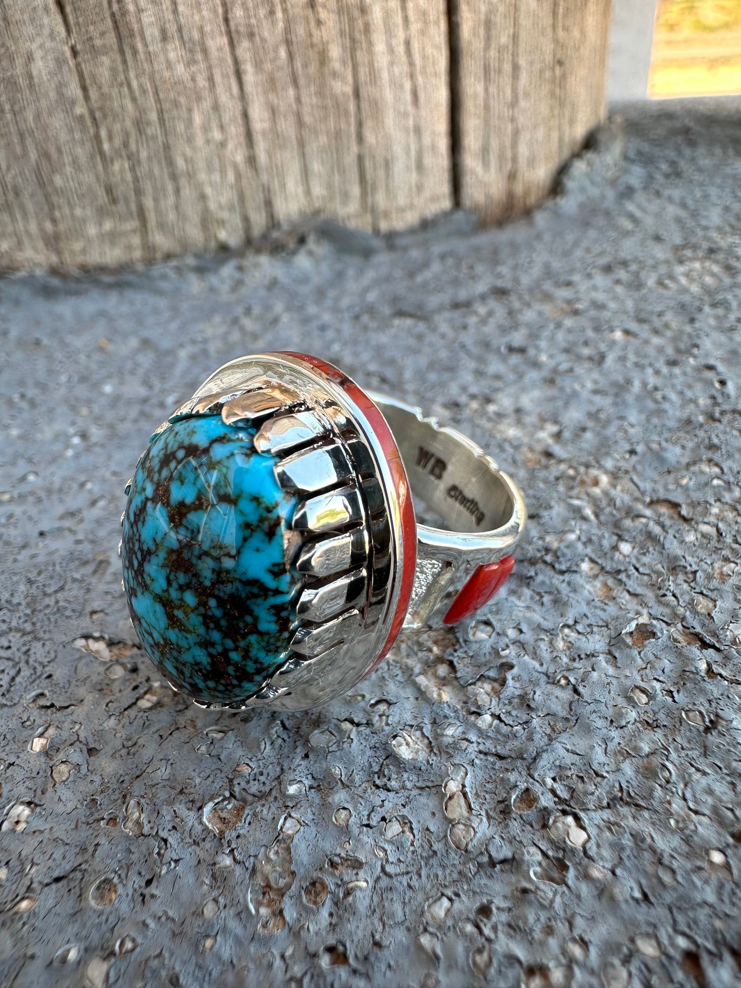Kingman Turquoise ring with red coral inlay
