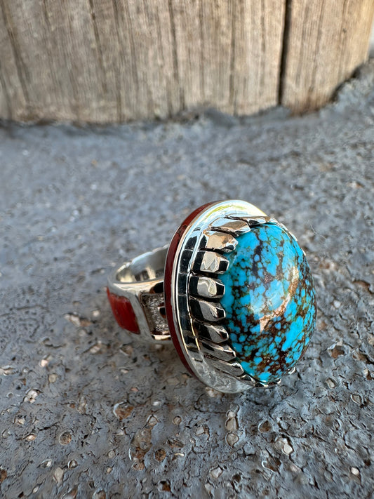 Kingman Turquoise ring with red coral inlay