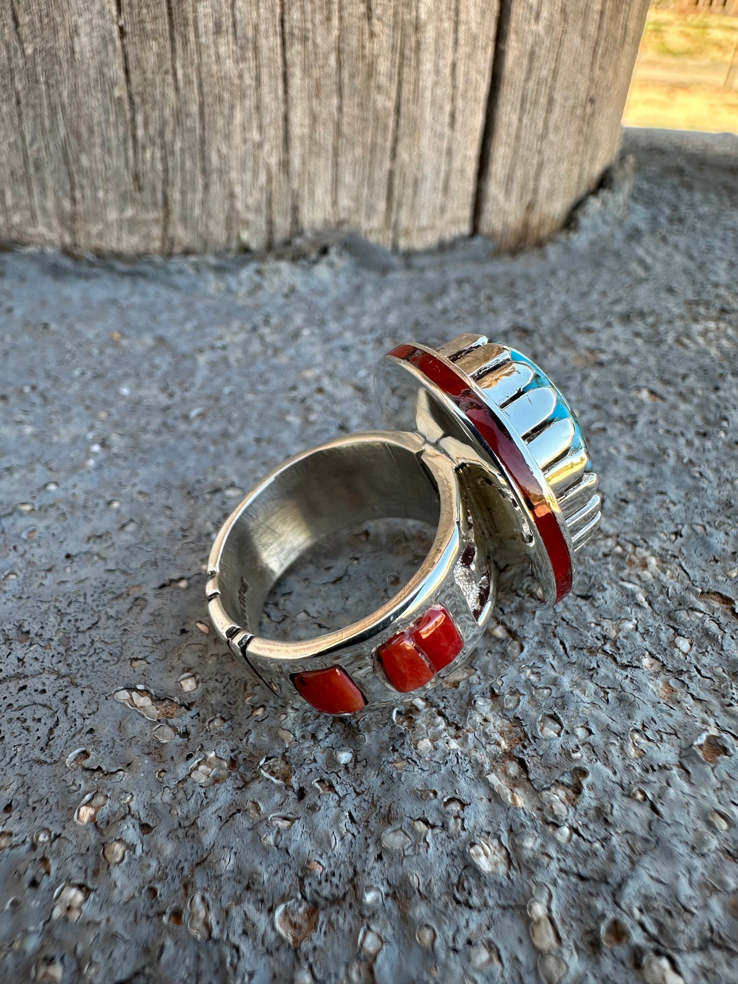 Kingman Turquoise ring with red coral inlay