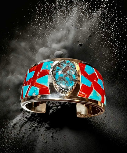 Sterling Silver Kingman Turquoise/Coral Inlay Bracelet